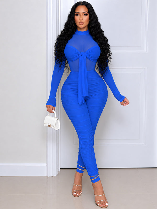 Sheer-Combo Ruched Jumpsuit