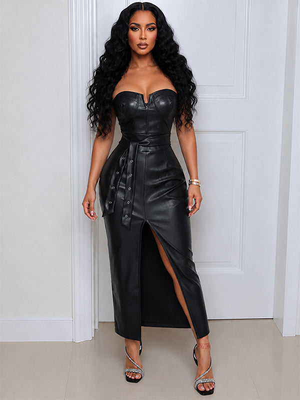 Faux-Leather Tied Tube Dress
