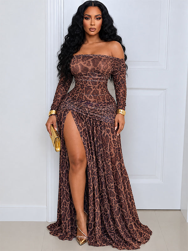 Leopard Off-Shoulder Slit Dress