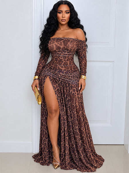 Leopard Off-Shoulder Slit Dress