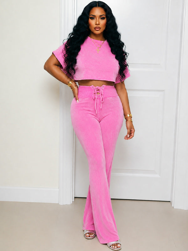 Printed Crop Top & Lace-Up Pants Set