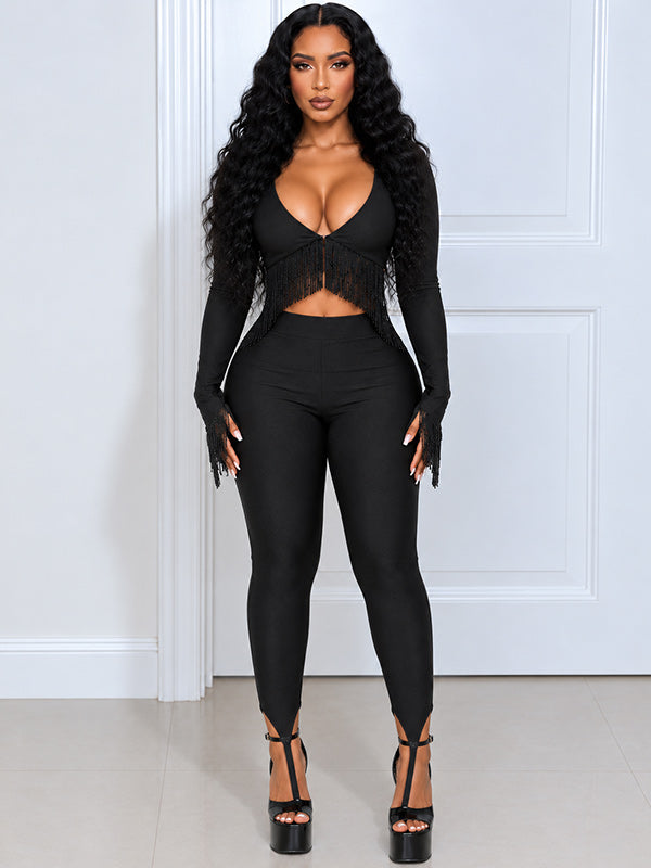 V-Neck Fringe Top & Pant Set