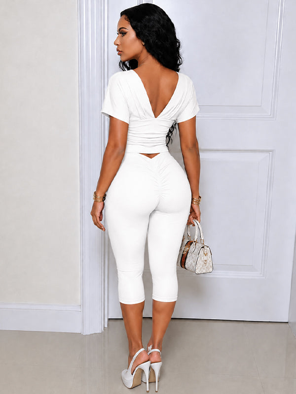Solid V-Neck Top & Capri Pants Set