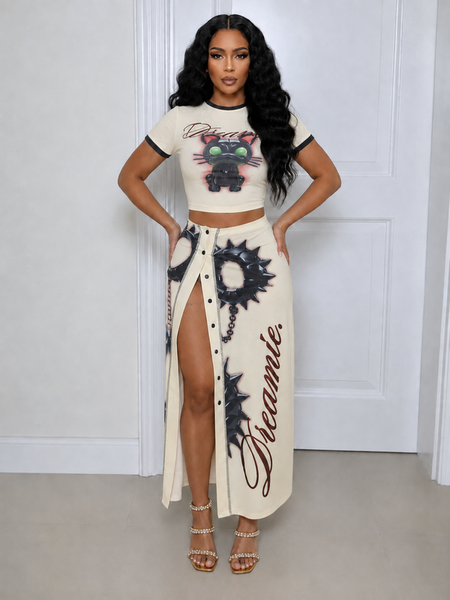 Graphic Crop Top Slit Skirt Set