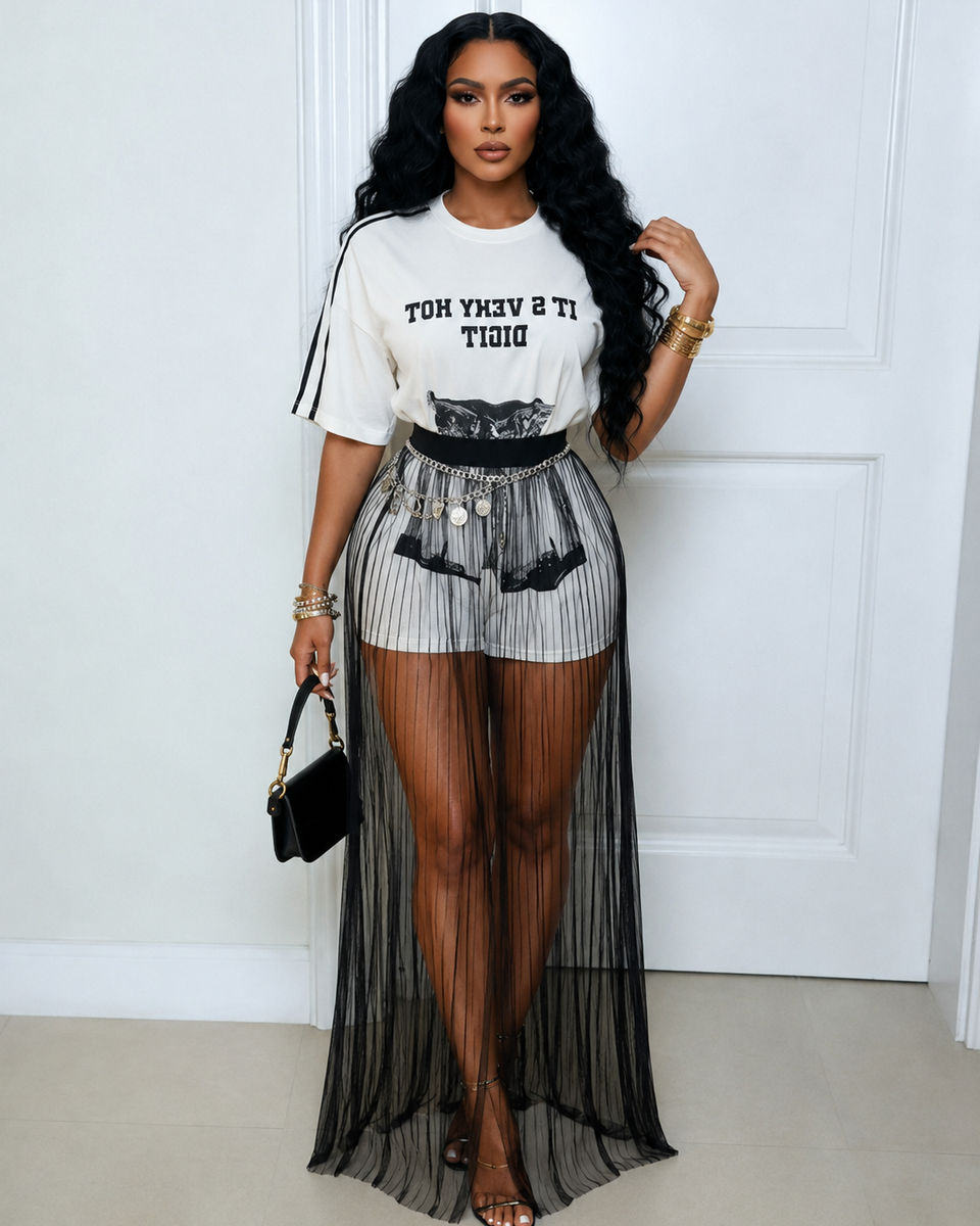Printed Tee & Sheer Skirt Set