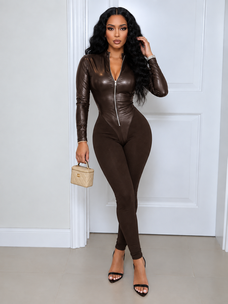 Faux Leather Zip- Front Jumpsuit
