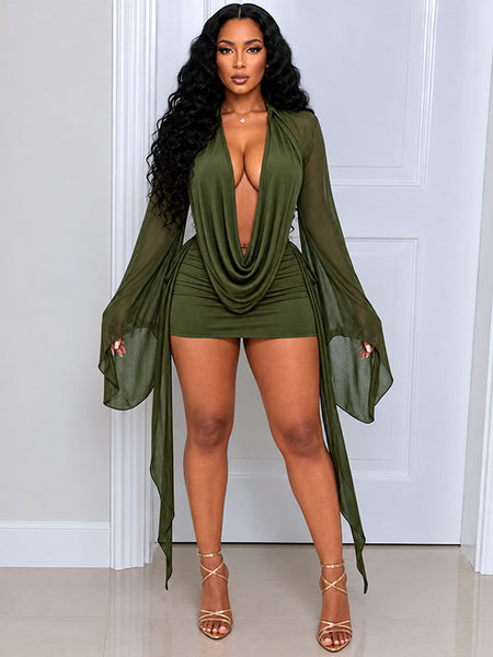 Solid Draped Ruched Sash Dress