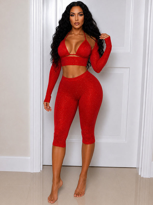Solid Crop Top & Capri Pants 3‑Piece Set