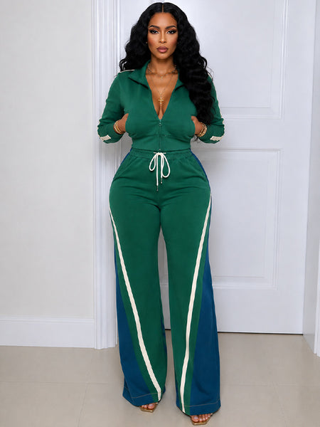 Zip-Front Top & Side-Stripe Pants Set