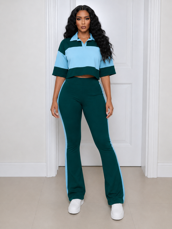 Two-Tone Polo Top & Pants Set