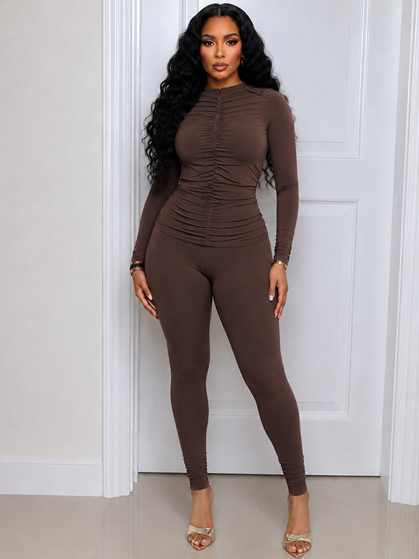 Solid Ruched Top & Skinny Pants Set