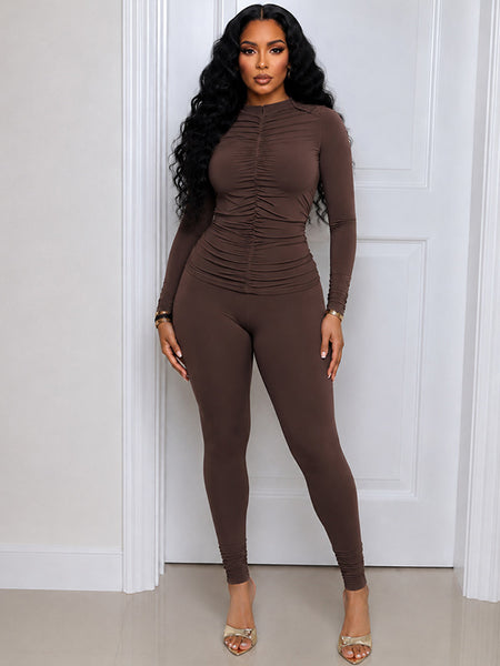 Solid Ruched Top & Skinny Pants Set