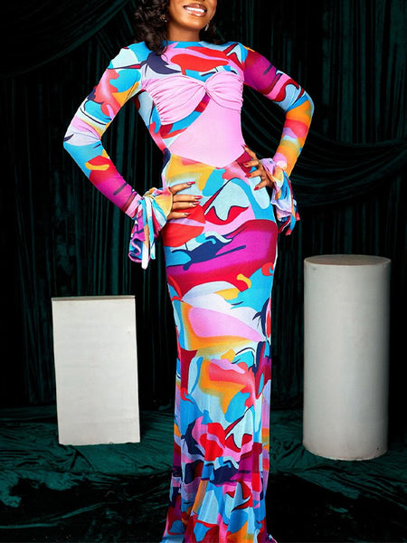 Printed Bell Sleeve Bodycon Dress