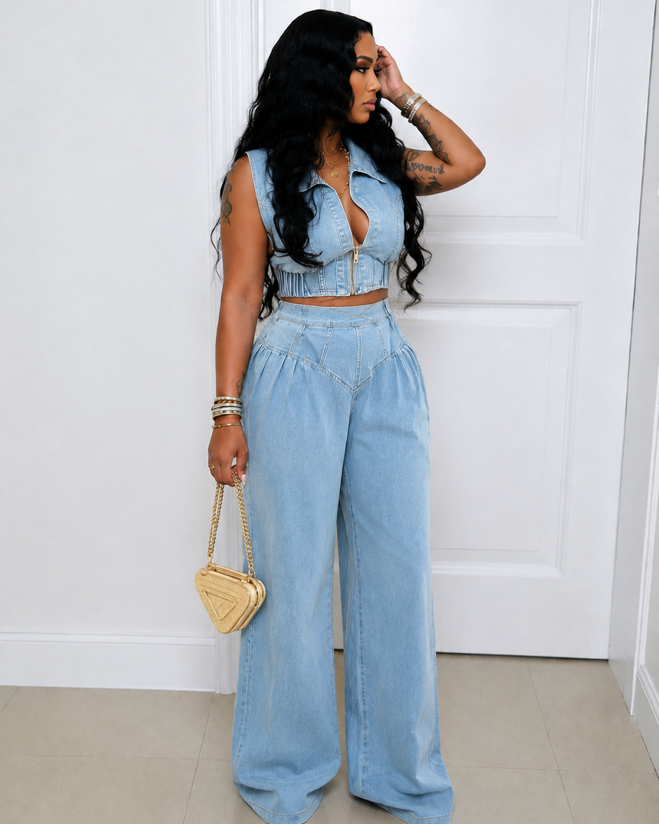 Denim Zip-Up Vest & Wide-Leg Pants Set