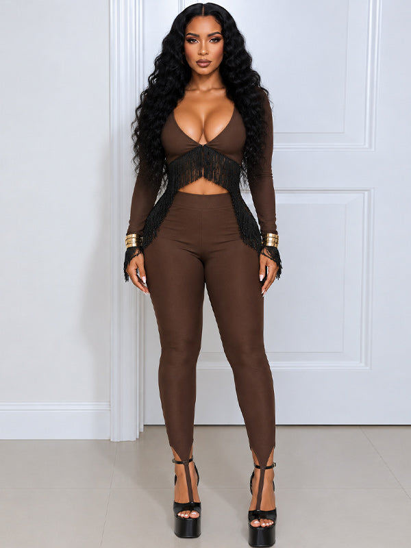V-Neck Fringe Top & Pant Set