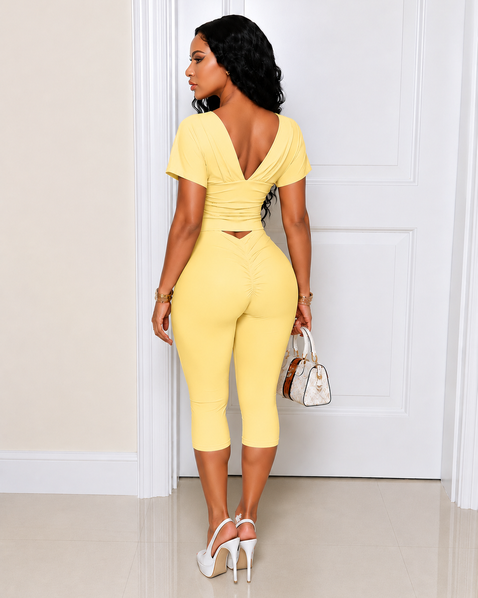 Solid V-Neck Top & Capri Pants Set