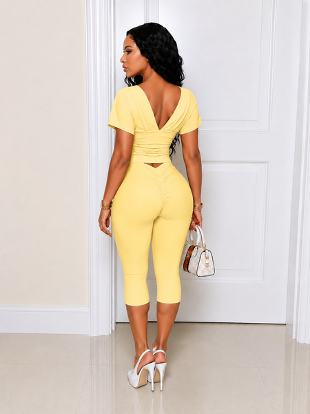 Solid V-Neck Top & Capri Pants Set