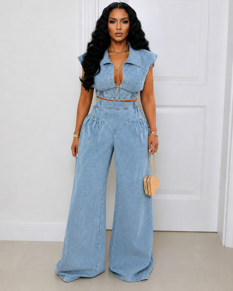 Denim Zip-Up Vest & Wide-Leg Pants Set