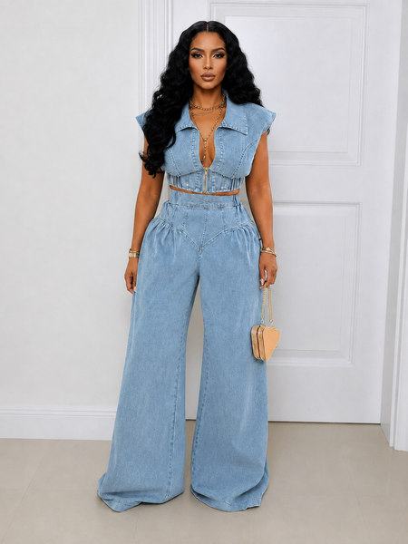 Denim Zip-Up Vest & Wide-Leg Pants Set