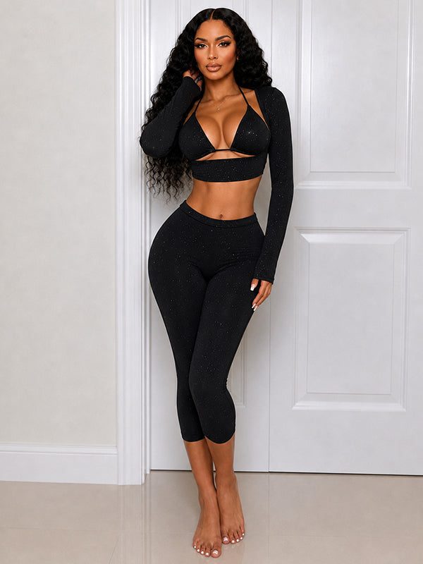 Solid Crop Top & Capri Pants 3‑Piece Set