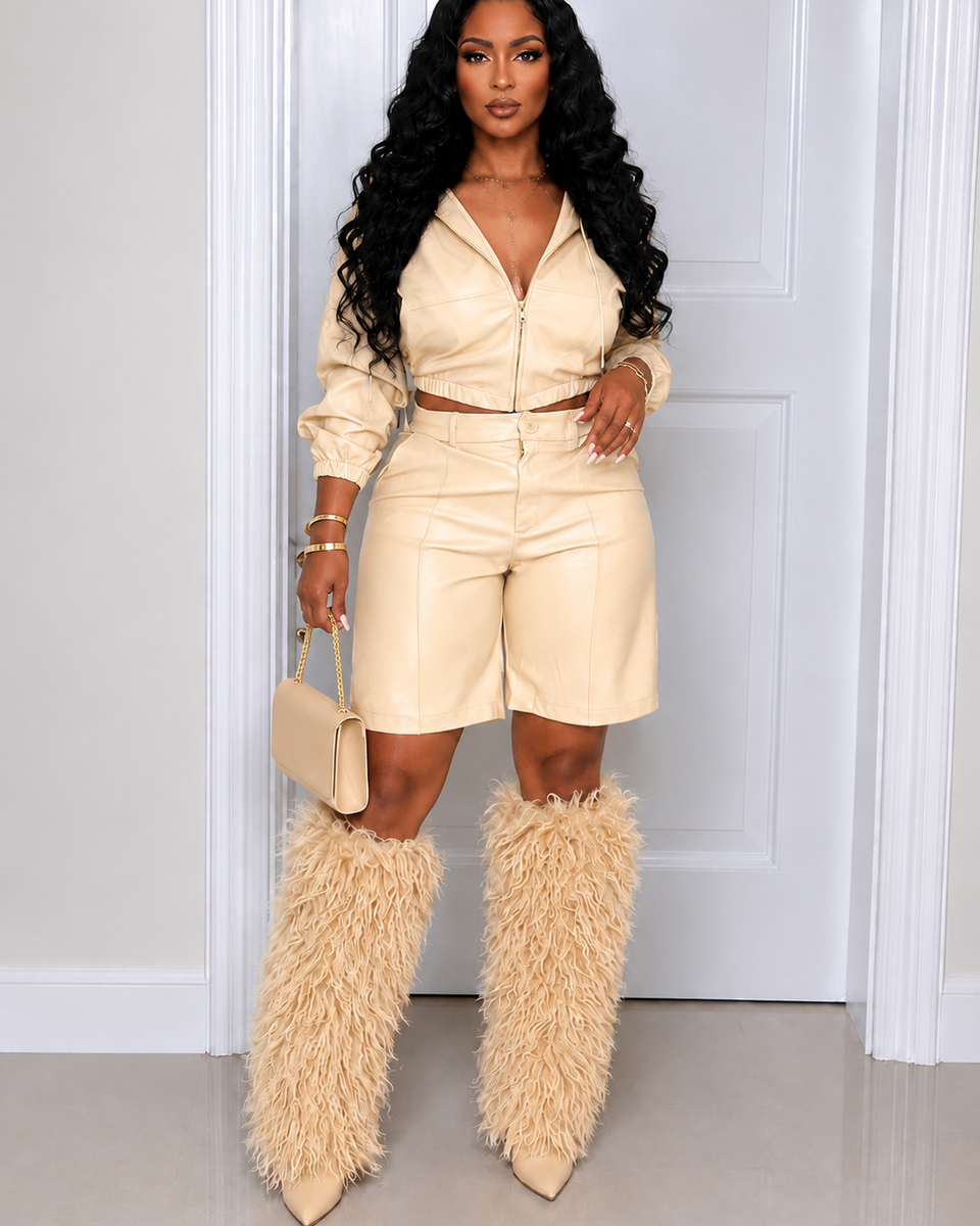 Faux-Leather Hooded Top & Capri Pants Set
