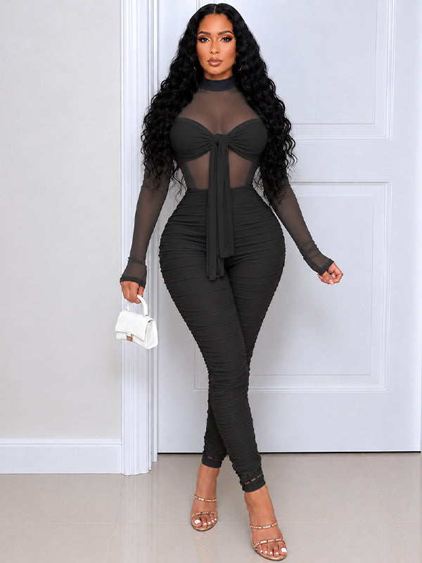 Sheer-Combo Ruched Jumpsuit