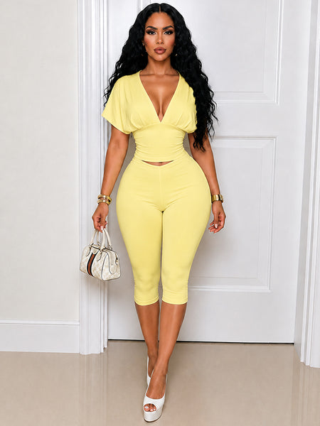 Solid V-Neck Top & Capri Pants Set
