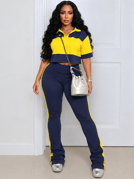 Two-Tone Polo Top & Pants Set