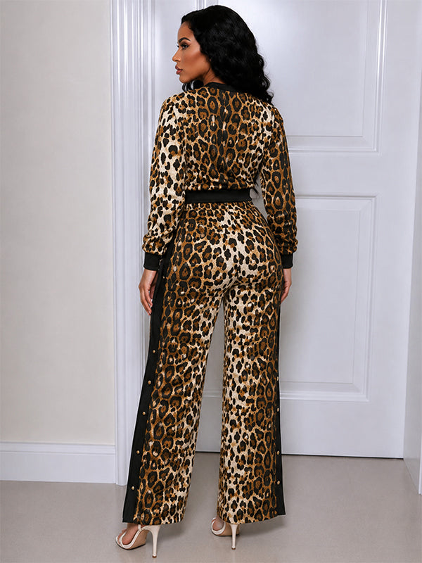 Leopard Print Crop Sweatshirt & Pants Set