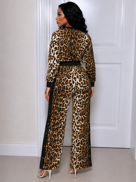 Leopard Print Crop Sweatshirt & Pants Set