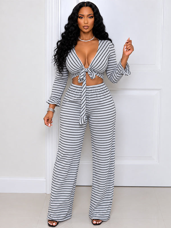 Stripe V-Neck Tied Jumpsuit