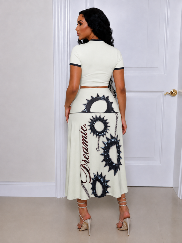 Graphic Crop Top Slit Skirt Set