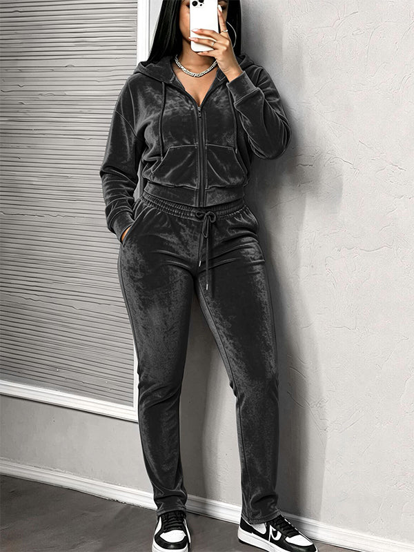 Solid Hooded Top & Drawstring Pants Set
