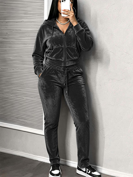 Solid Hooded Top & Drawstring Pants Set