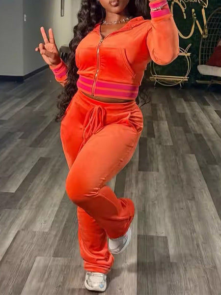 Color Block Hooded Top & Drawstring Pants Set