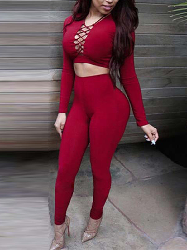 Solid Lace-Up Top & Skinny Pants Set
