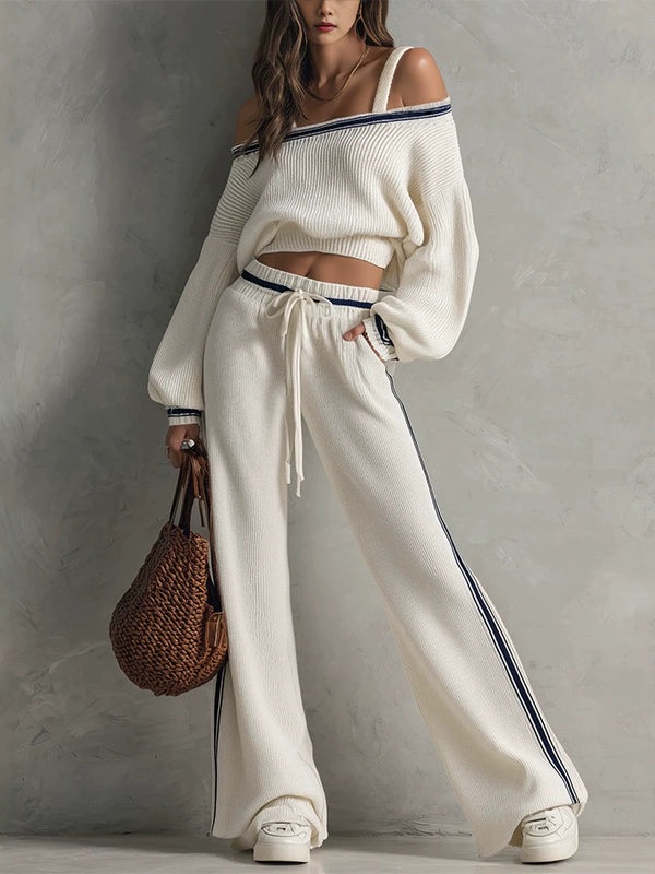 Cold Shoulder Top & Stripe Drawstring Pants Set