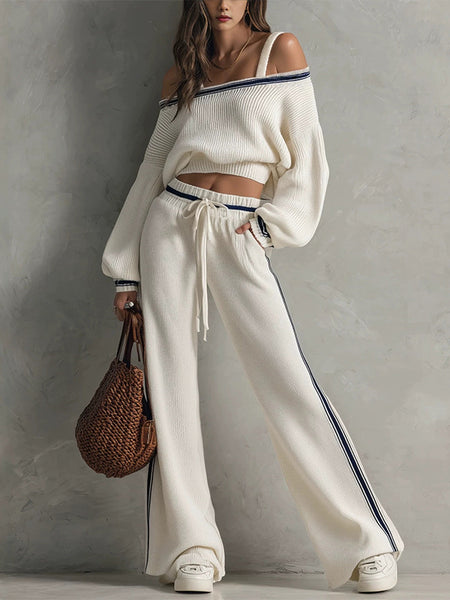 Cold Shoulder Top & Stripe Drawstring Pants Set