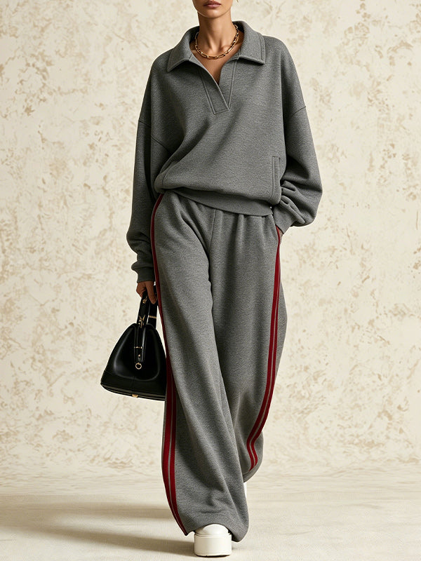Collared Sweatshirt & Striped Pants Set