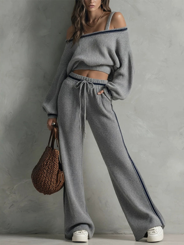 Cold Shoulder Top & Stripe Drawstring Pants Set