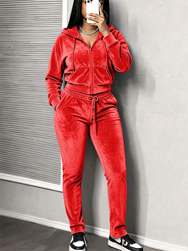 Solid Hooded Top & Drawstring Pants Set