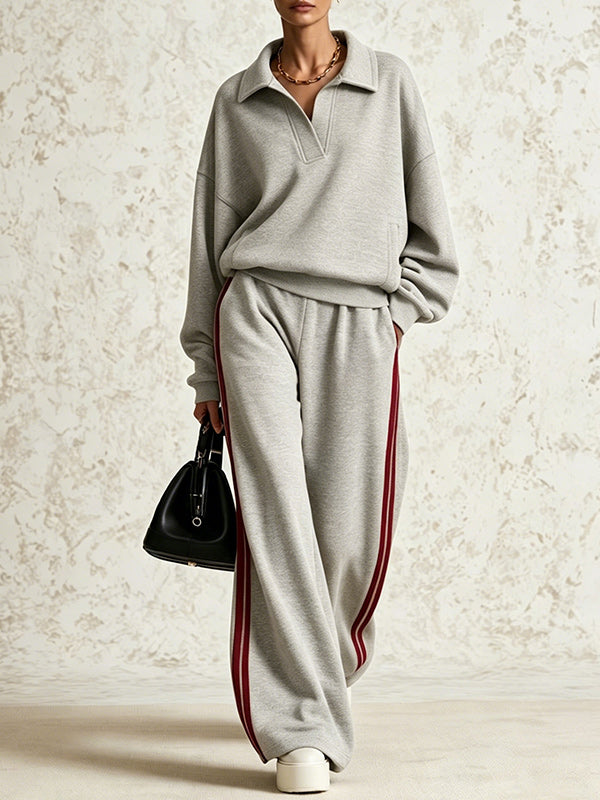 Collared Sweatshirt & Striped Pants Set