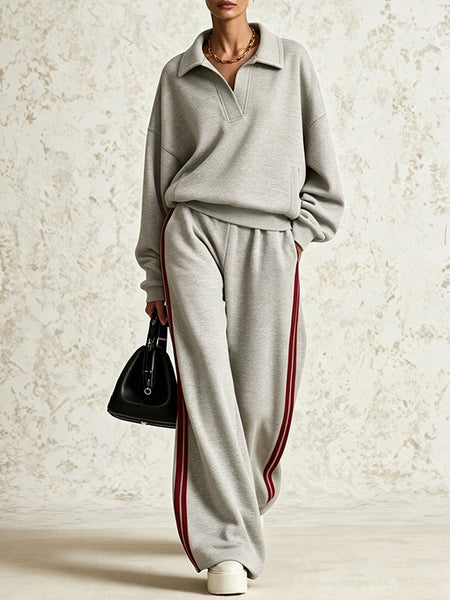 Collared Sweatshirt & Striped Pants Set