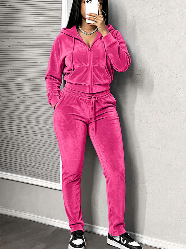 Solid Hooded Top & Drawstring Pants Set