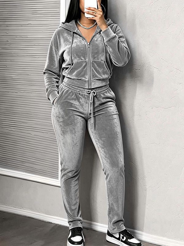 Solid Hooded Top & Drawstring Pants Set