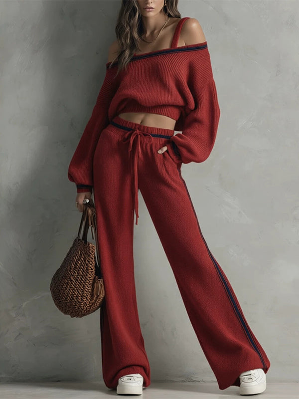 Cold Shoulder Top & Stripe Drawstring Pants Set
