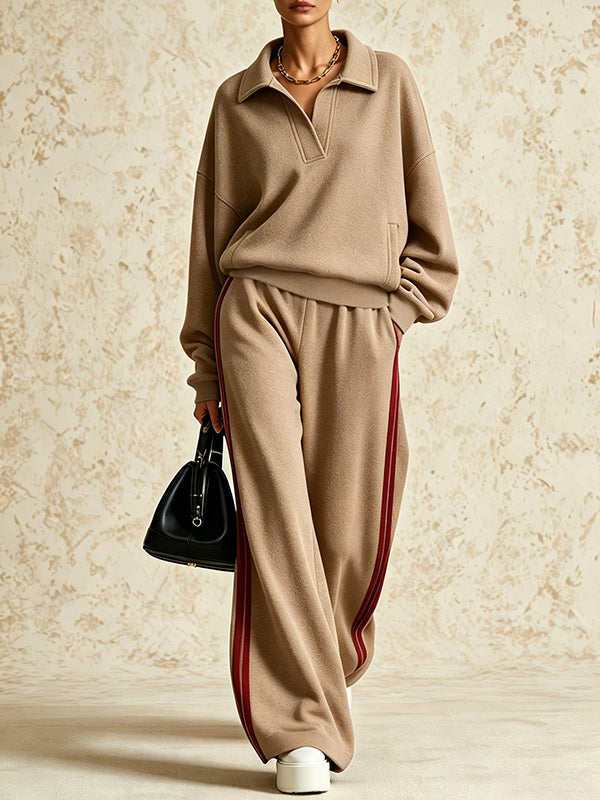 Collared Sweatshirt & Striped Pants Set