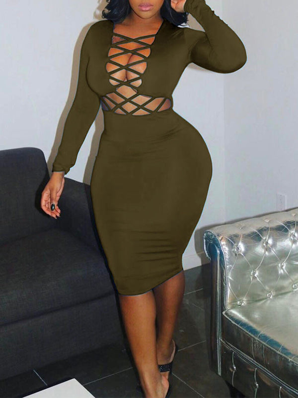 Solid Lace-Up Bodycon Dress