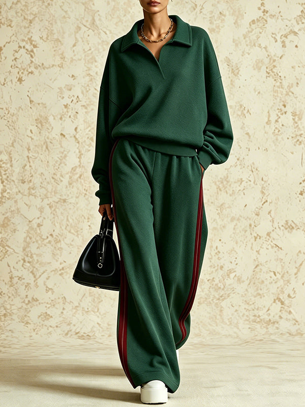 Collared Sweatshirt & Striped Pants Set
