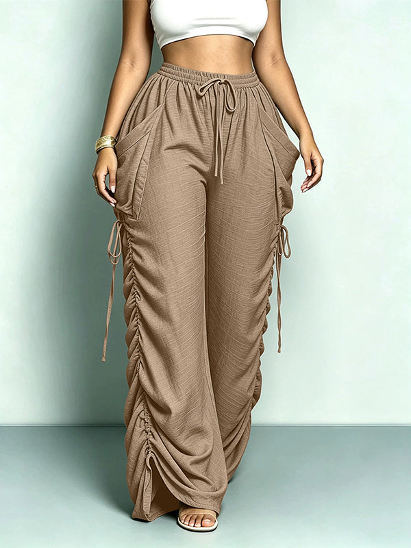 Solid Drawstring Ruched Harem Pants